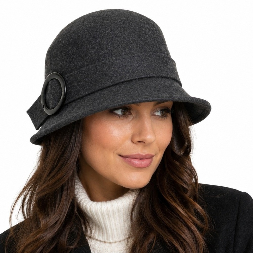 Scala Collection Dark Gray Wool Felt Cloche Hat Women's Vintage Style Bucket Hat